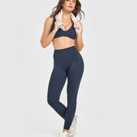 SoftMotion™ High Waisted Leggings with White Logo | True Blue