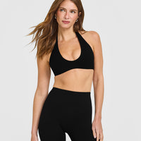 SoftMotion™ Minimal Halter Neck Bralette with White Logo | Black