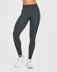 Timeless High Waisted Leggings with White Logo | Coal