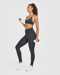 Timeless High Waisted Leggings with White Logo | Coal