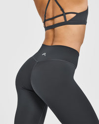 Timeless High Waisted Leggings with White Logo | Coal