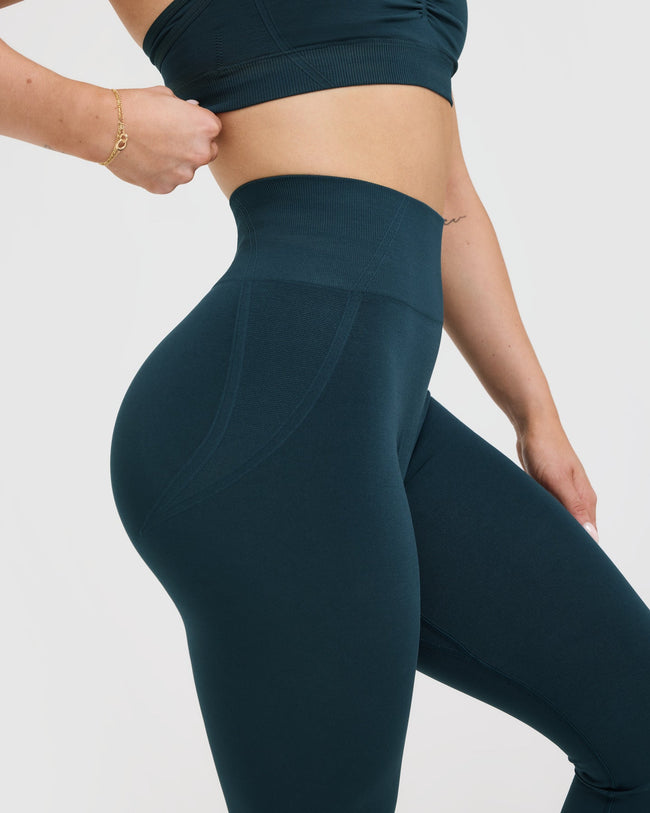 Effortless Seamless Leggings with White Logo | Oil Blue