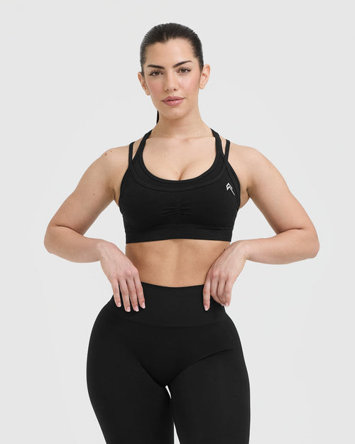 Oner Modal Effortless Seamless Layered Sports Bra with White Logo | Black