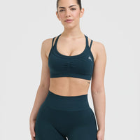 Effortless Seamless Layered Sports Bra with White Logo | Oil Blue
