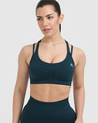 Effortless Seamless Layered Sports Bra with White Logo | Oil Blue