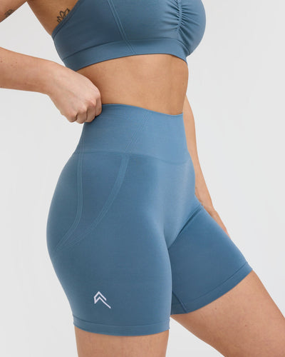 Effortless Seamless Shorts with White Logo | Moonstone Blue