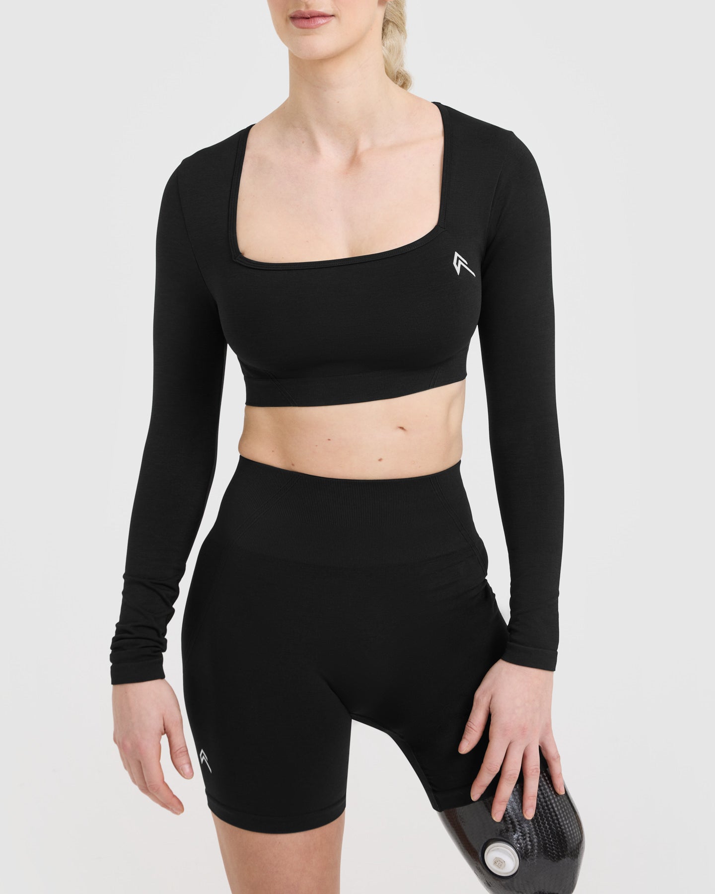 Effortless Square Neck Crop Long Sleeve Top with White Logo | Black