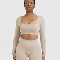 Effortless Square Neck Crop Long Sleeve Top with White Logo | Mushroom Brown