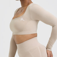 Effortless Square Neck Crop Long Sleeve Top with White Logo | Mushroom Brown