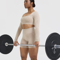 Effortless Square Neck Crop Long Sleeve Top with White Logo | Mushroom Brown