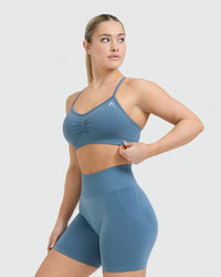 Effortless Strappy Bralette with White Logo | Moonstone Blue