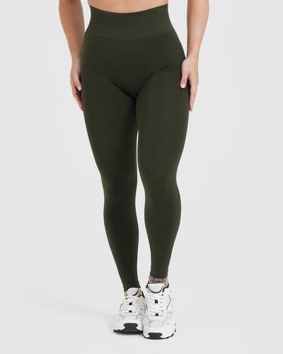 Effortless Seamless Leggings with White Logo | Khaki