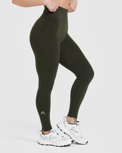 Effortless Seamless Leggings with White Logo | Khaki