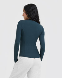 Mellow™ Rib Mock Neck Long Sleeve Top | Oil Blue