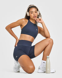 EasyLift™ High Neck Sports Bra with White Logo | True Blue