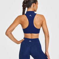 EasyLift™ Zip High Neck Sports Bra with White Logo | Midnight
