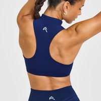 EasyLift™ Zip High Neck Sports Bra with White Logo | Midnight