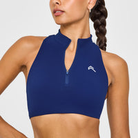 EasyLift™ Zip High Neck Sports Bra with White Logo | Midnight