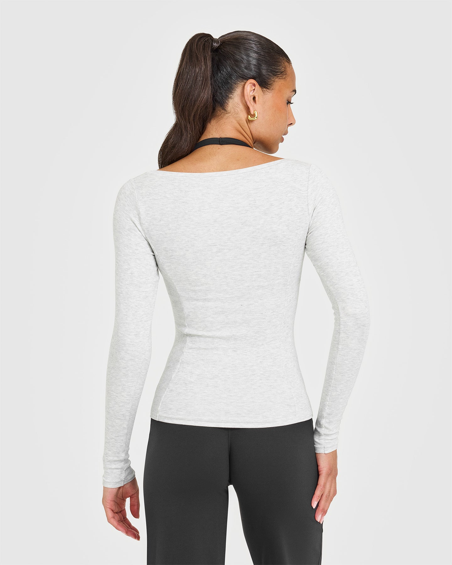 Mellow™ Rib V Neck Long Sleeve Top | Light Grey Marl