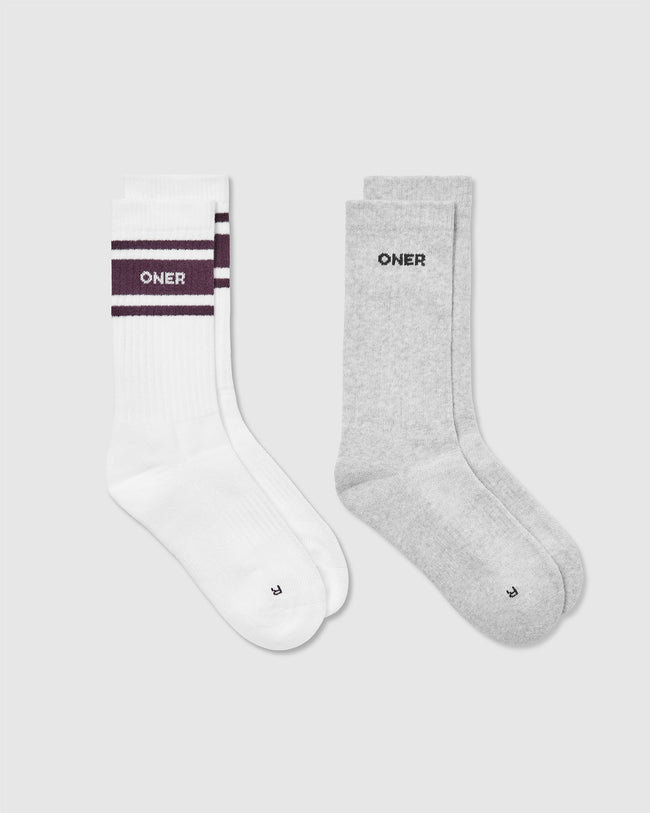 Varsity Long Crew Socks 2 Pack | Grey Marl/ White/ Blackberry