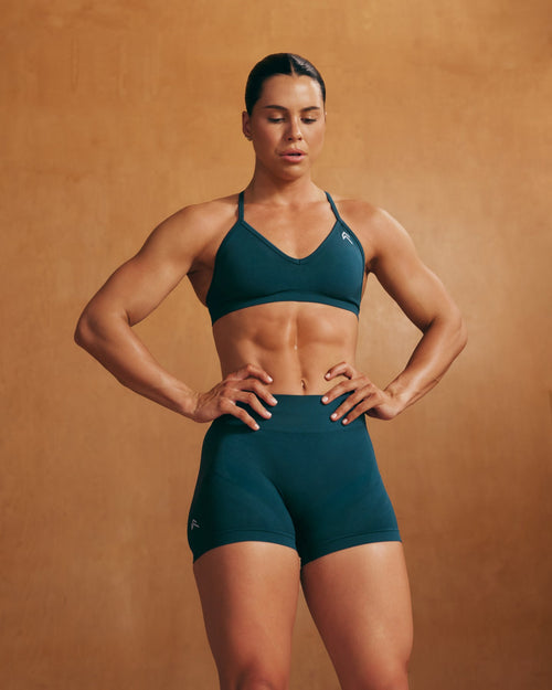 EnhanceLift™ Seamless Shorts with White Logo | Washed Oil Blue