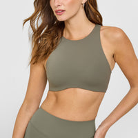 SoftMotion™ High Neck Sports Bra with White Logo | Alpine Green