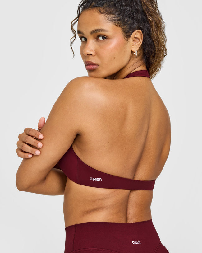 SoftMotion™ Minimal Halter Neck Bralette with White Logo | Light Rosewood