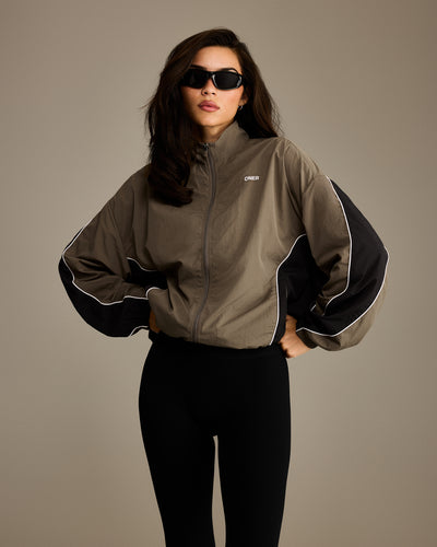 Oversized Piped Woven Track Jacket | Moss Brown