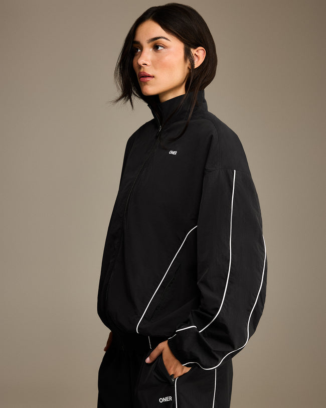 Oversized Piped Woven Track Jacket | Soft Black