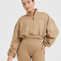 All Day Cosy Crop 1/4 Zip Sweatshirt | Dune Brown