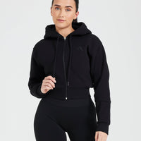 Classic Lounge Cropped Zip Through Hoodie | Black