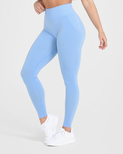 Effortless Seamless Leggings with White Logo | Powdered Blue