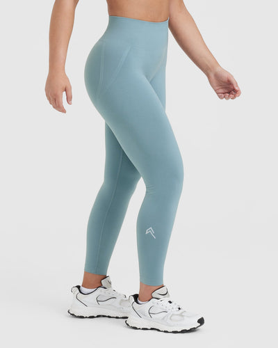 Effortless Seamless Leggings with White Logo | Steel Blue