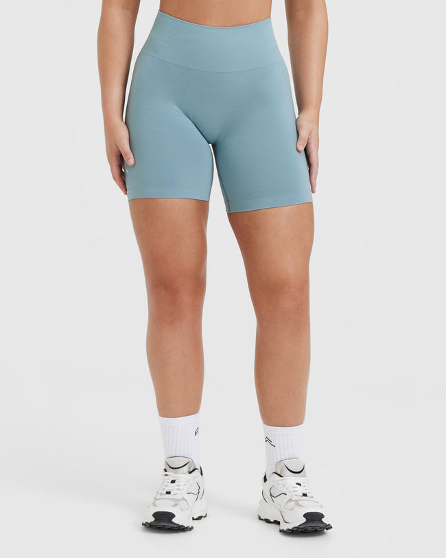 Effortless Seamless Shorts with White Logo | Steel Blue