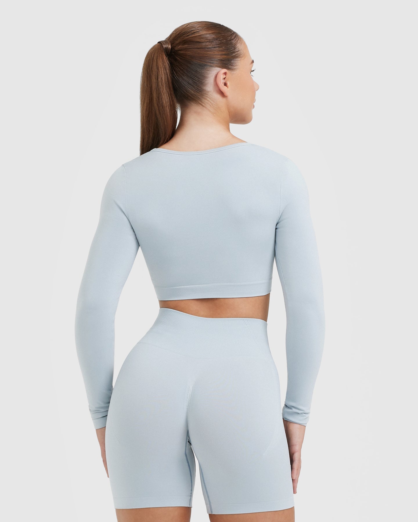 Effortless Square Neck Crop Long Sleeve Top with White Logo | Ice Blue
