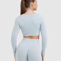 Effortless Square Neck Crop Long Sleeve Top with White Logo | Ice Blue