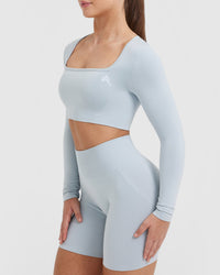 Effortless Square Neck Crop Long Sleeve Top with White Logo | Ice Blue