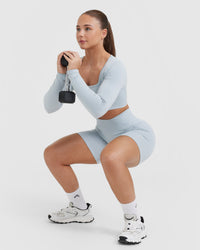 Effortless Square Neck Crop Long Sleeve Top with White Logo | Ice Blue