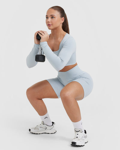 Effortless Square Neck Crop Long Sleeve Top with White Logo | Ice Blue