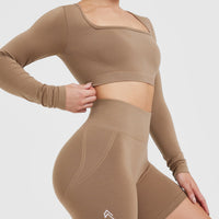 Effortless Square Neck Crop Long Sleeve Top with White Logo | Walnut