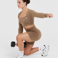 Effortless Square Neck Crop Long Sleeve Top with White Logo | Walnut