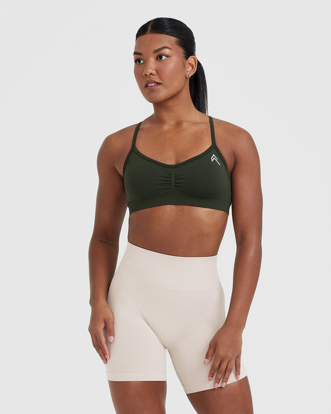 Effortless Strappy Bralette with White Logo | Khaki