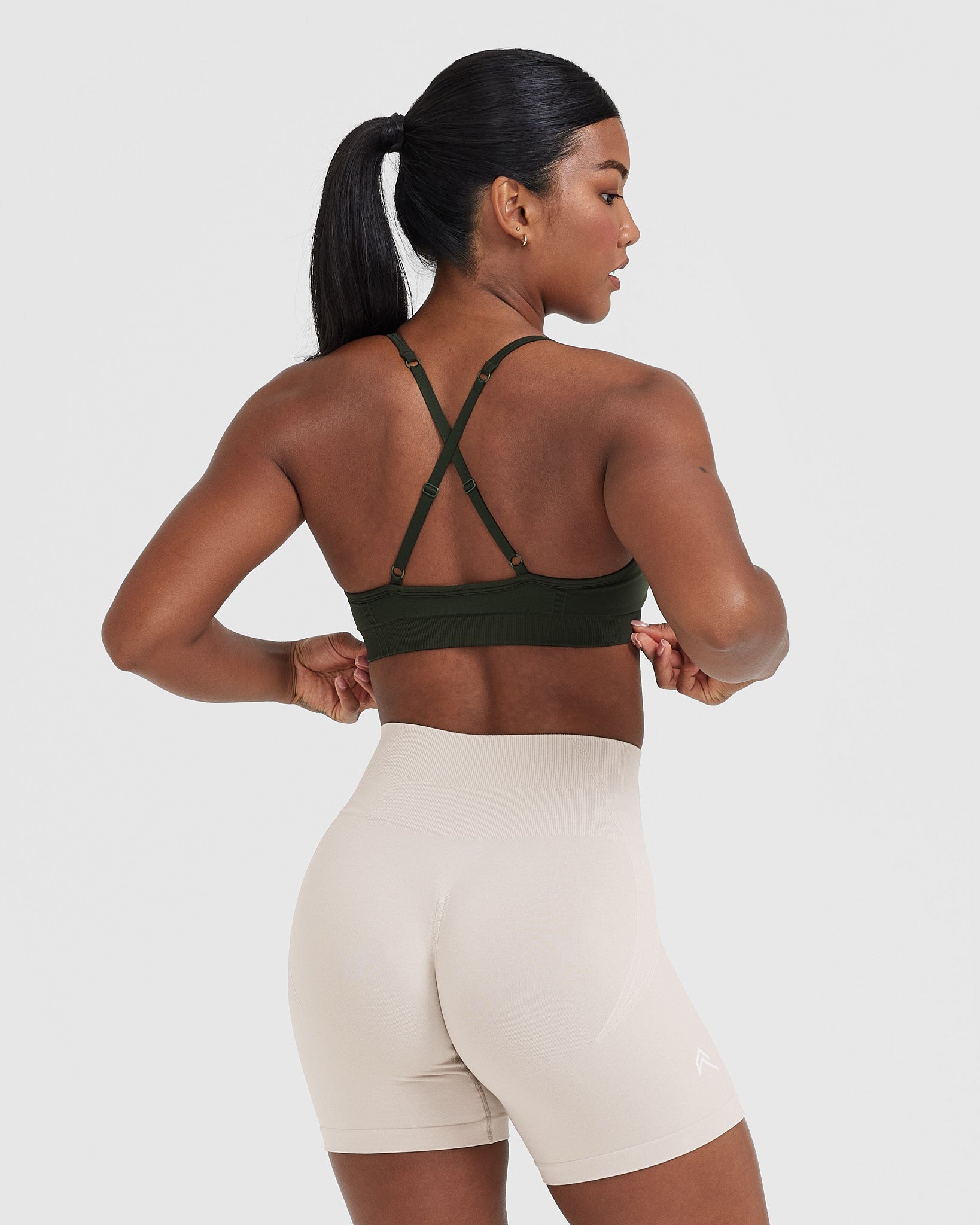 Effortless Strappy Bralette with White Logo | Khaki