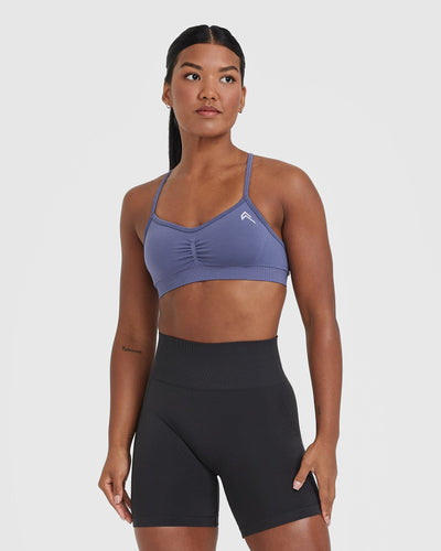 Effortless Strappy Bralette with White Logo | Slate Blue