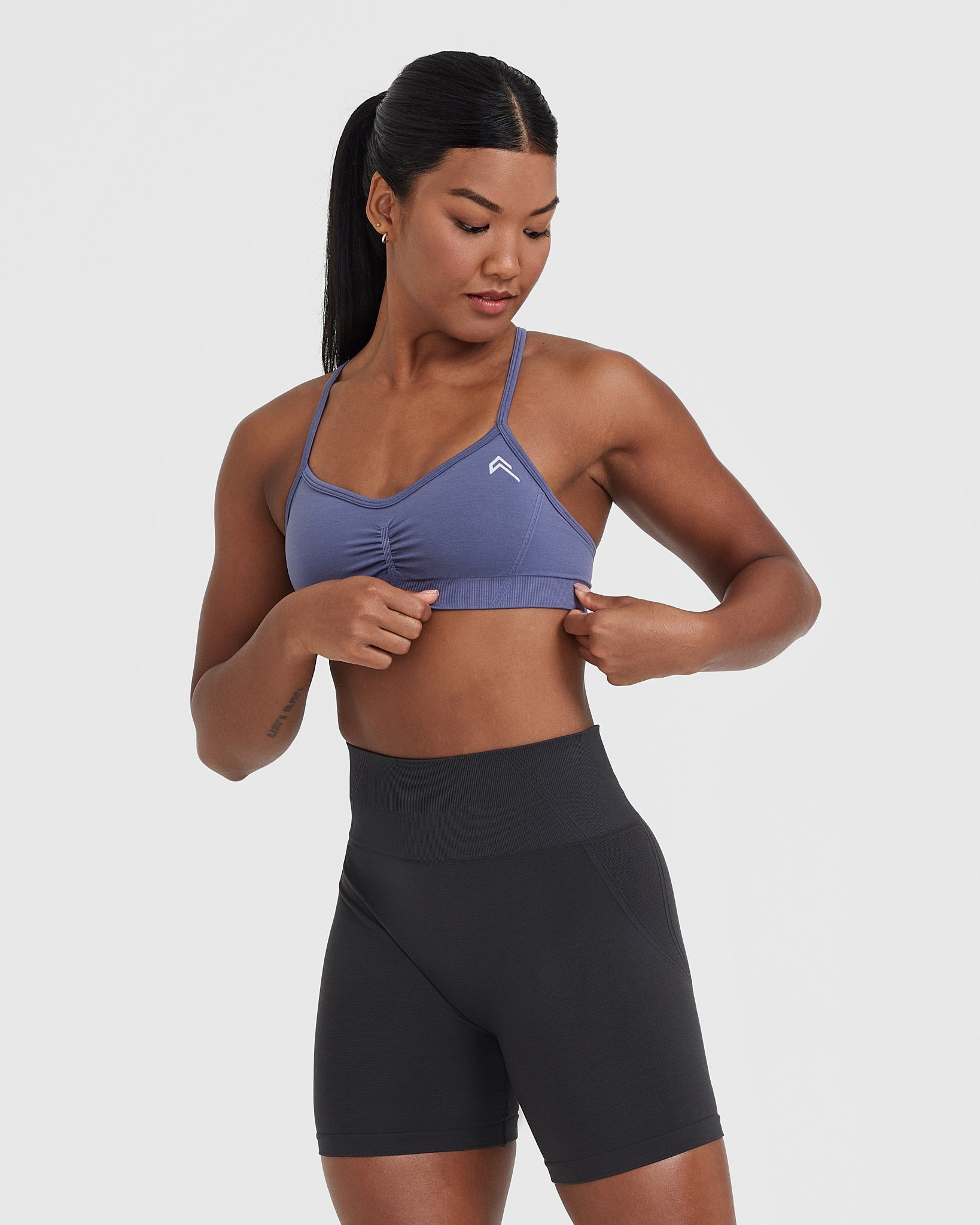 Effortless Strappy Bralette with White Logo | Slate Blue