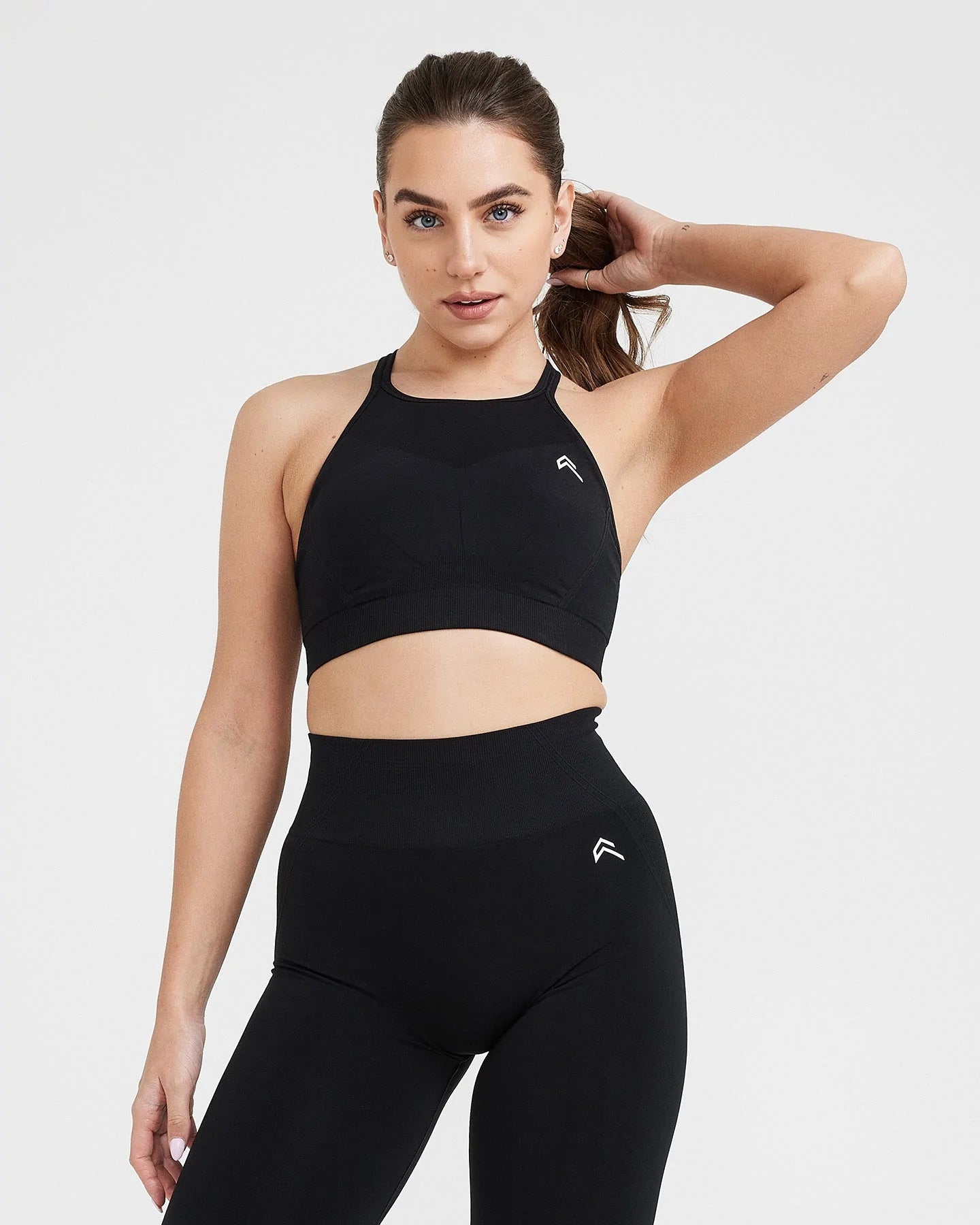 Effortless Seamless High Neck Bralette with White Logo | Black