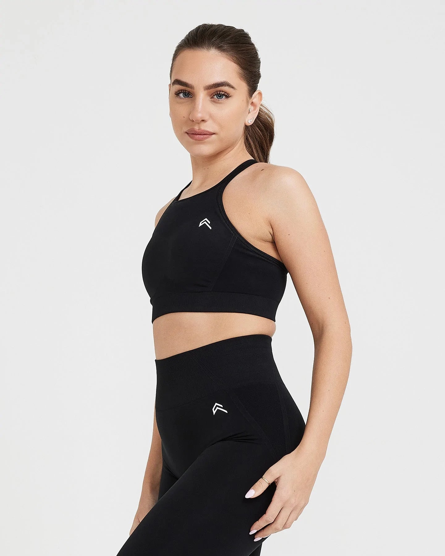 Effortless Seamless High Neck Bralette with White Logo | Black