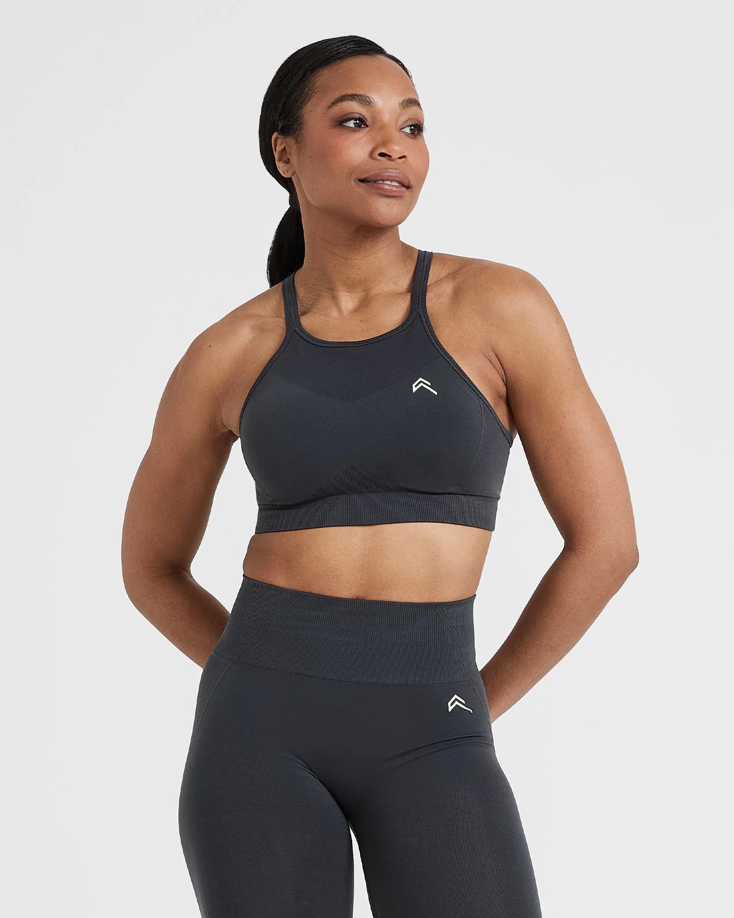Effortless Seamless High Neck Bralette with White Logo | Coal