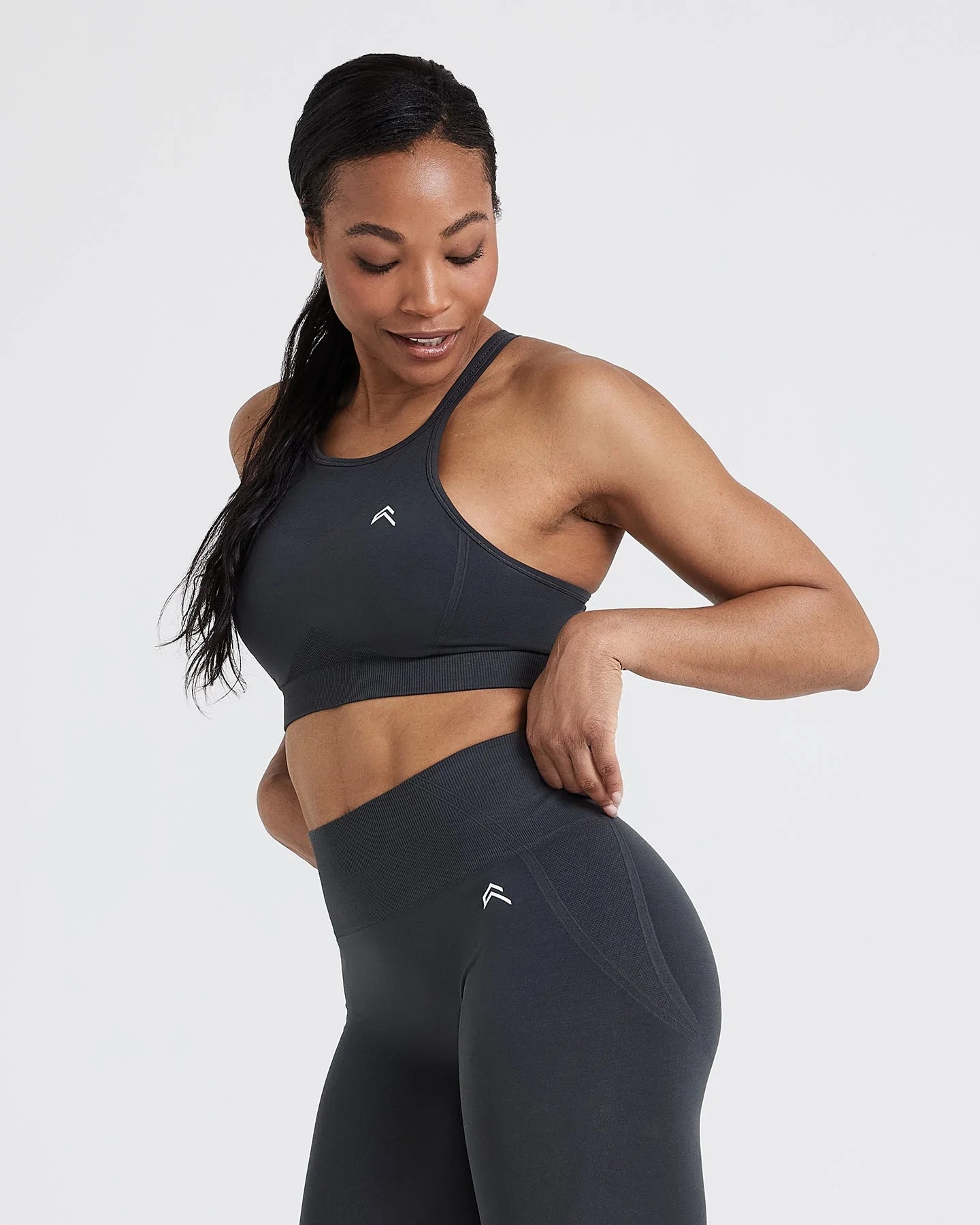 Effortless Seamless High Neck Bralette with White Logo | Coal