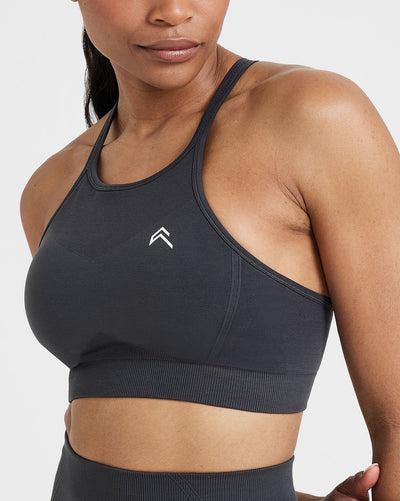 Effortless Seamless High Neck Bralette with White Logo | Coal